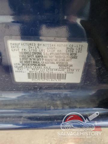 3N1CN7AP9KL867635 2019 NISSAN VERSA photo no. 12