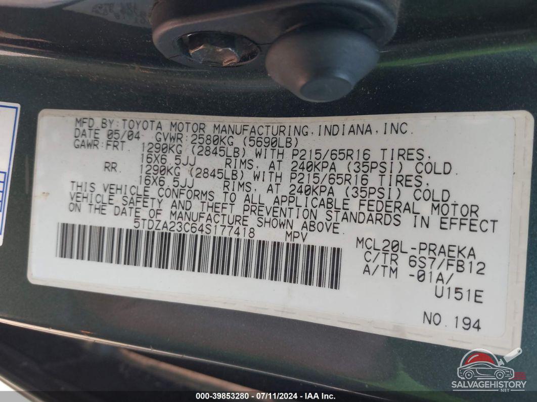 5TDZA23C64S177418 2004 TOYOTA SIENNA photo no. 9