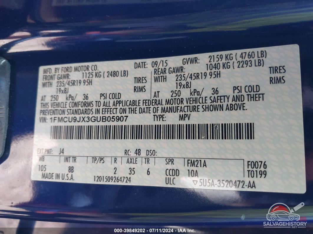 1FMCU9JX3GUB05907 2016 FORD ESCAPE photo no. 9