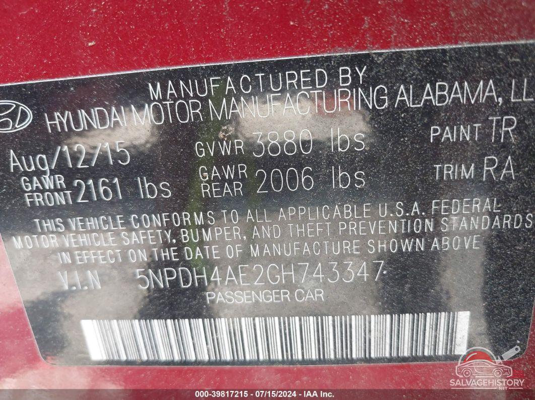 5NPDH4AE2GH743347 2016 HYUNDAI ELANTRA photo no. 9