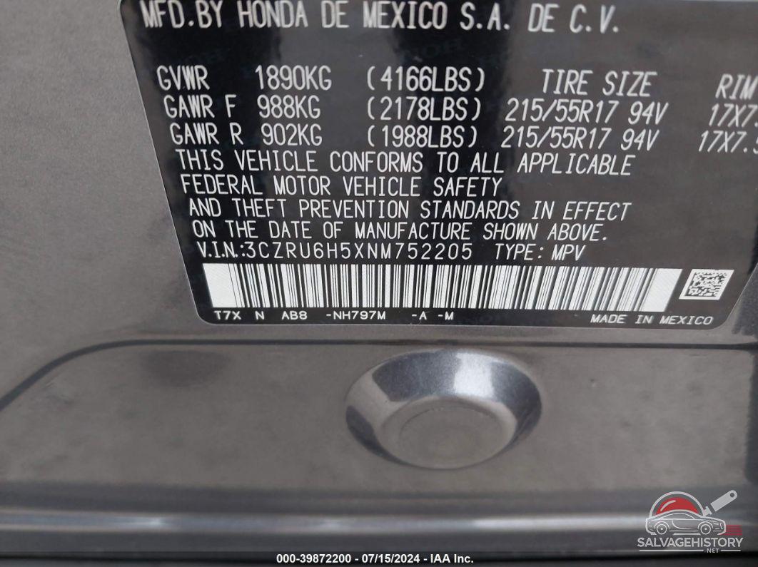 3CZRU6H5XNM752205 2022 HONDA HR-V photo no. 9