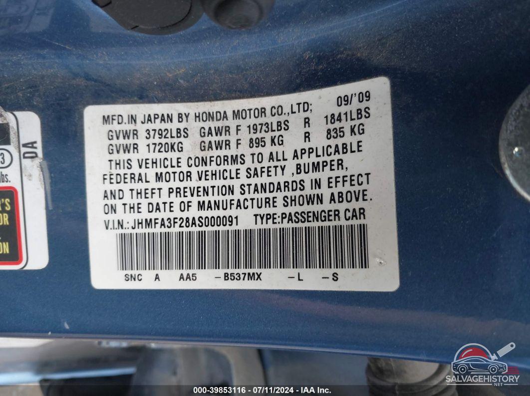 JHMFA3F28AS000091 2010 HONDA CIVIC HYBRID photo no. 9