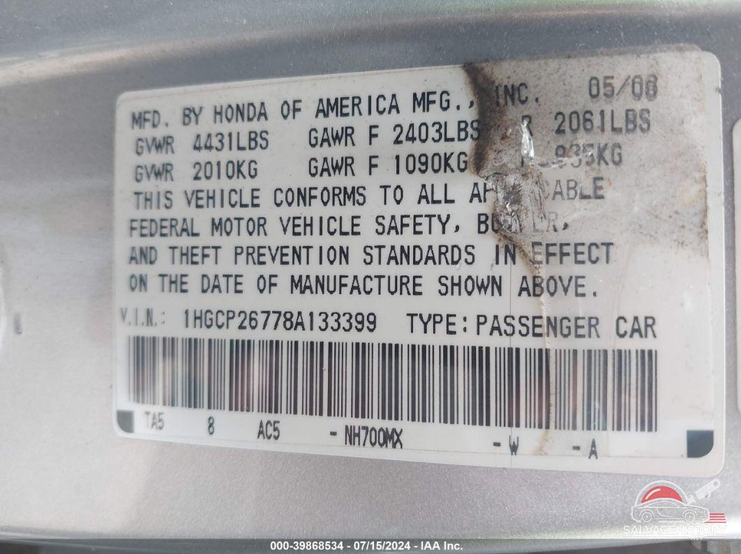 1HGCP26778A133399 2008 HONDA ACCORD photo no. 9