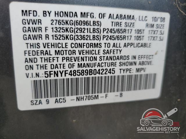 5FNYF48589B042245 2009 HONDA PILOT photo no. 12