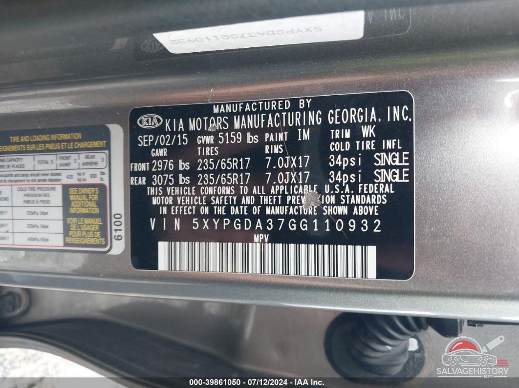5XYPGDA37GG110932 2016 KIA SORENTO photo no. 9