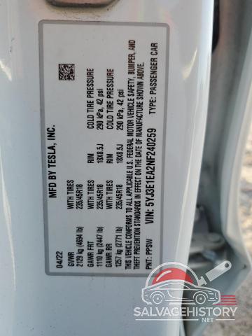 5YJ3E1EA2NF240259 2022 TESLA MODEL 3 photo no. 12