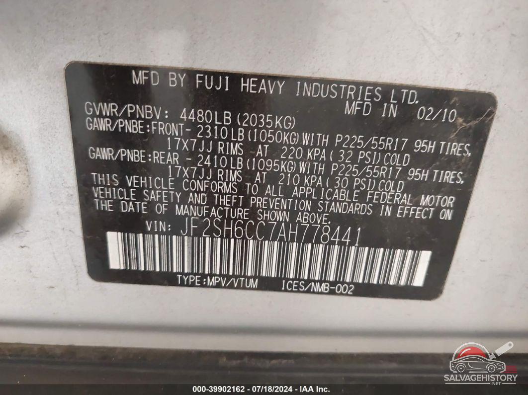JF2SH6CC7AH778441 2010 SUBARU FORESTER photo no. 9
