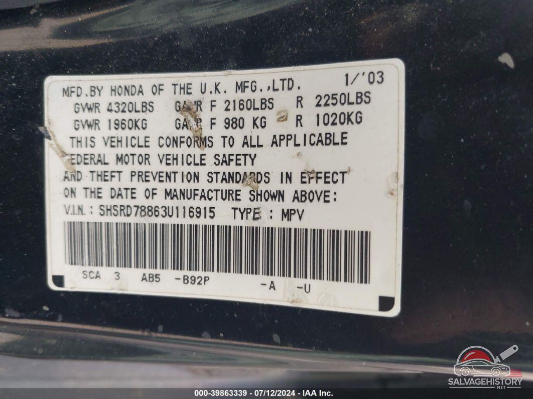 SHSRD78863U116915 2003 HONDA CR-V photo no. 9