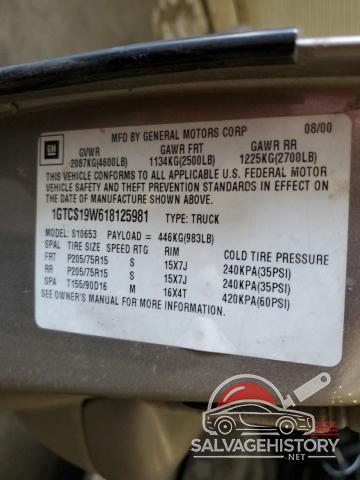 1GTCS19W618125981 2001 GMC SONOMA photo no. 12