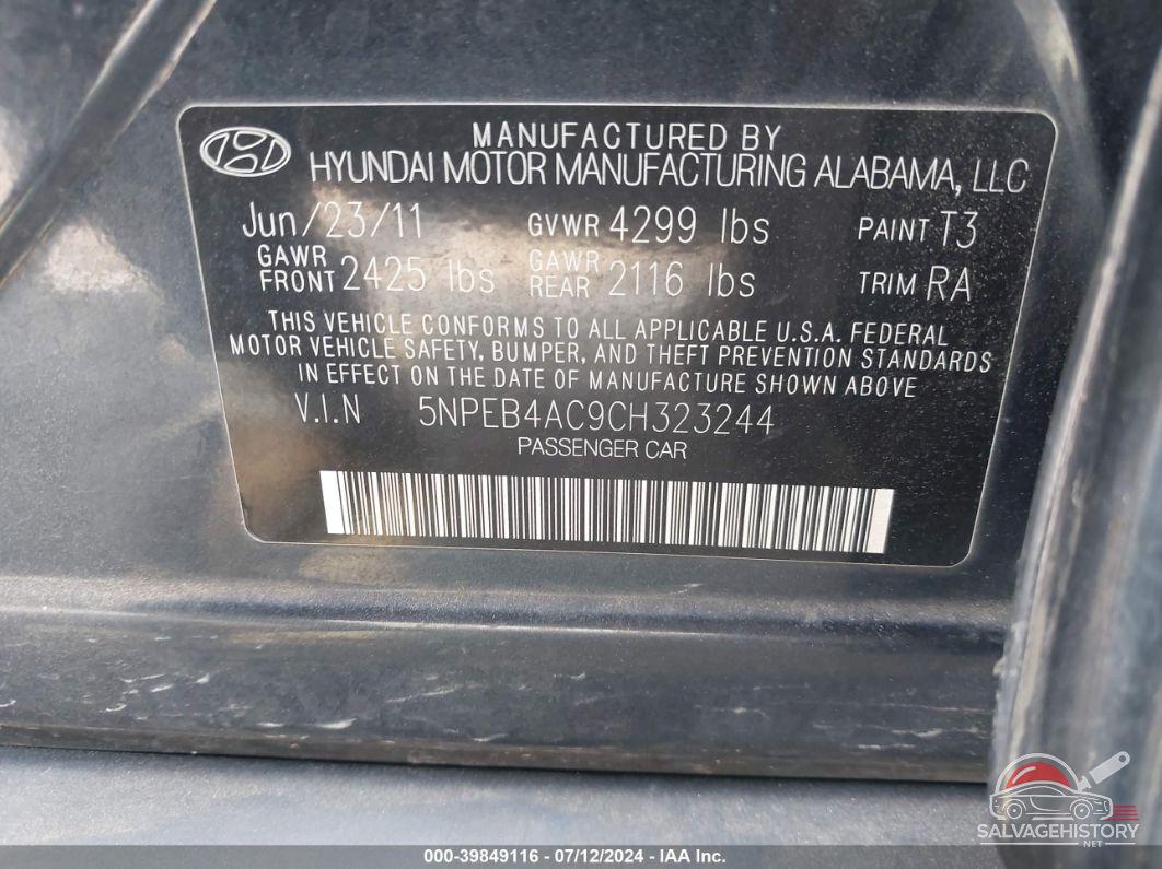 5NPEB4AC9CH323244 2012 HYUNDAI SONATA photo no. 9