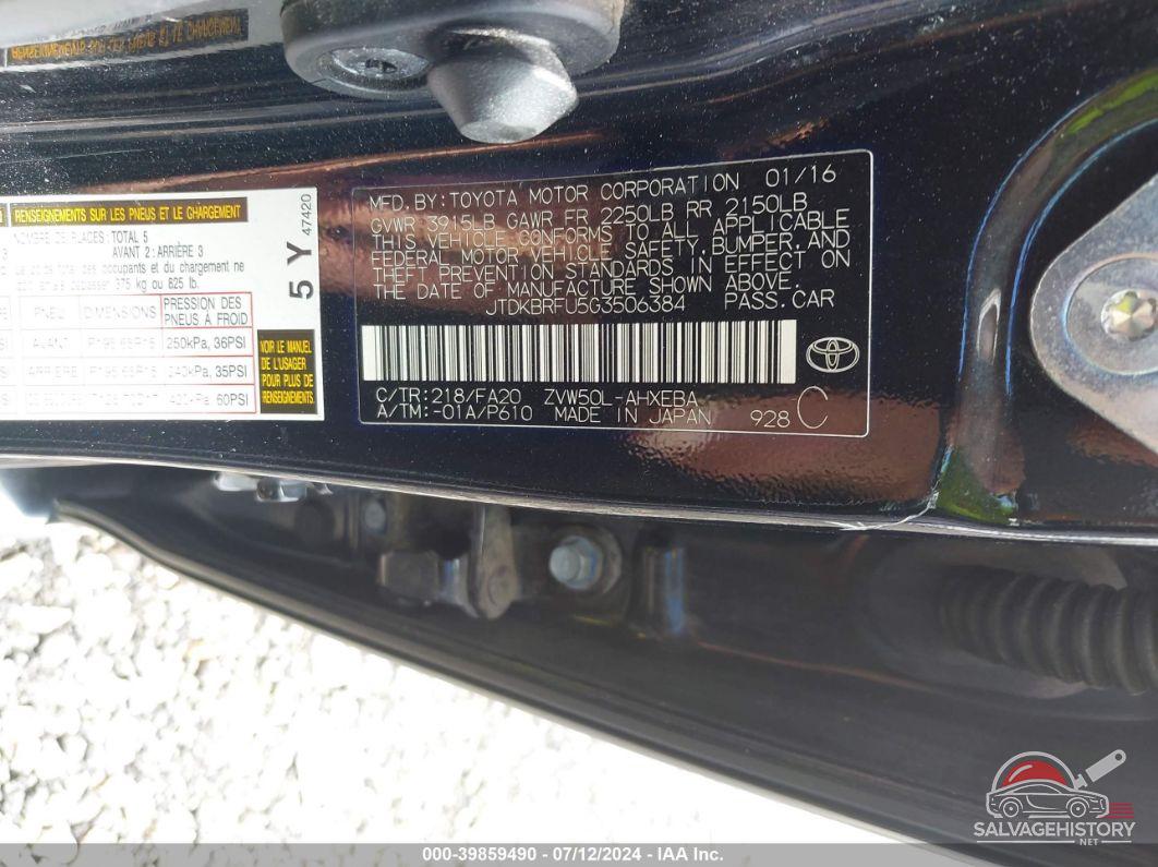 JTDKBRFU5G3506384 2016 TOYOTA PRIUS photo no. 9