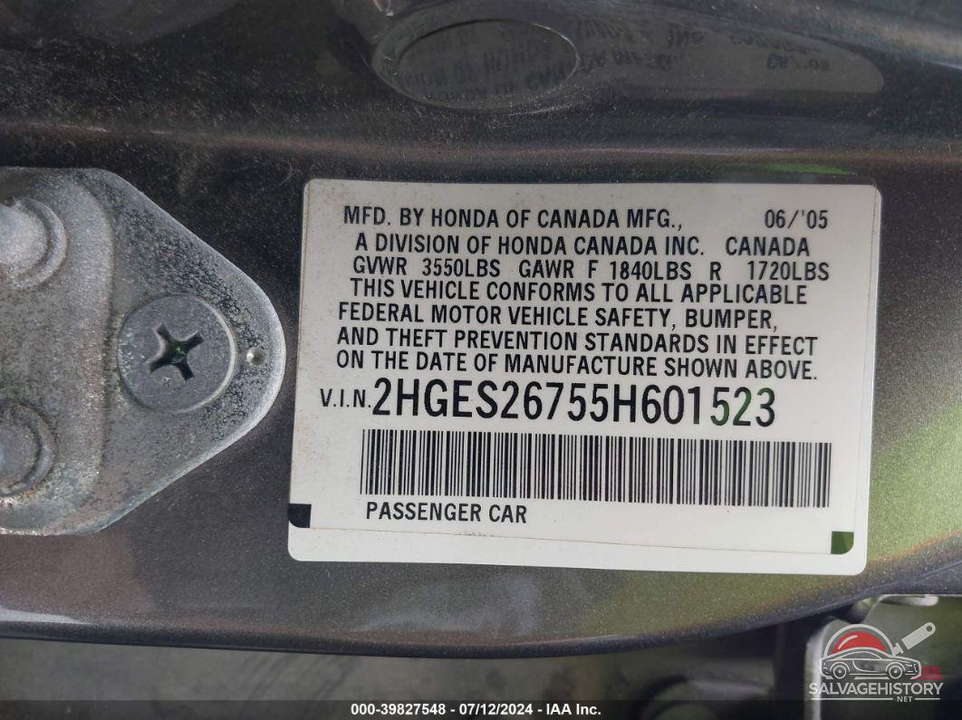 2HGES26755H601523 2005 HONDA CIVIC photo no. 9