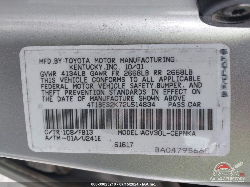 4T1BE32K72U514834 2002 TOYOTA CAMRY photo no. 9