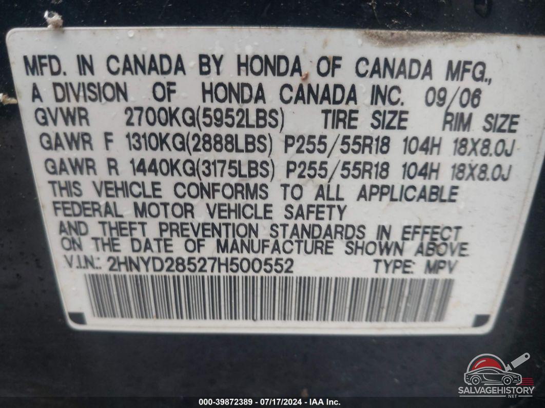 2HNYD28527H500552 2007 ACURA MDX photo no. 9
