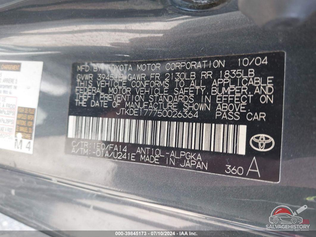 JTKDE177750026364 2005 TOYOTA SCION TC photo no. 9