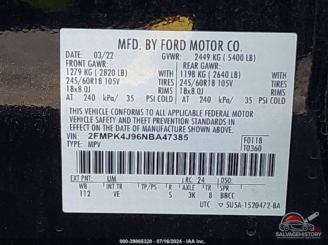 2FMPK4J96NBA47385 2022 FORD EDGE photo no. 9