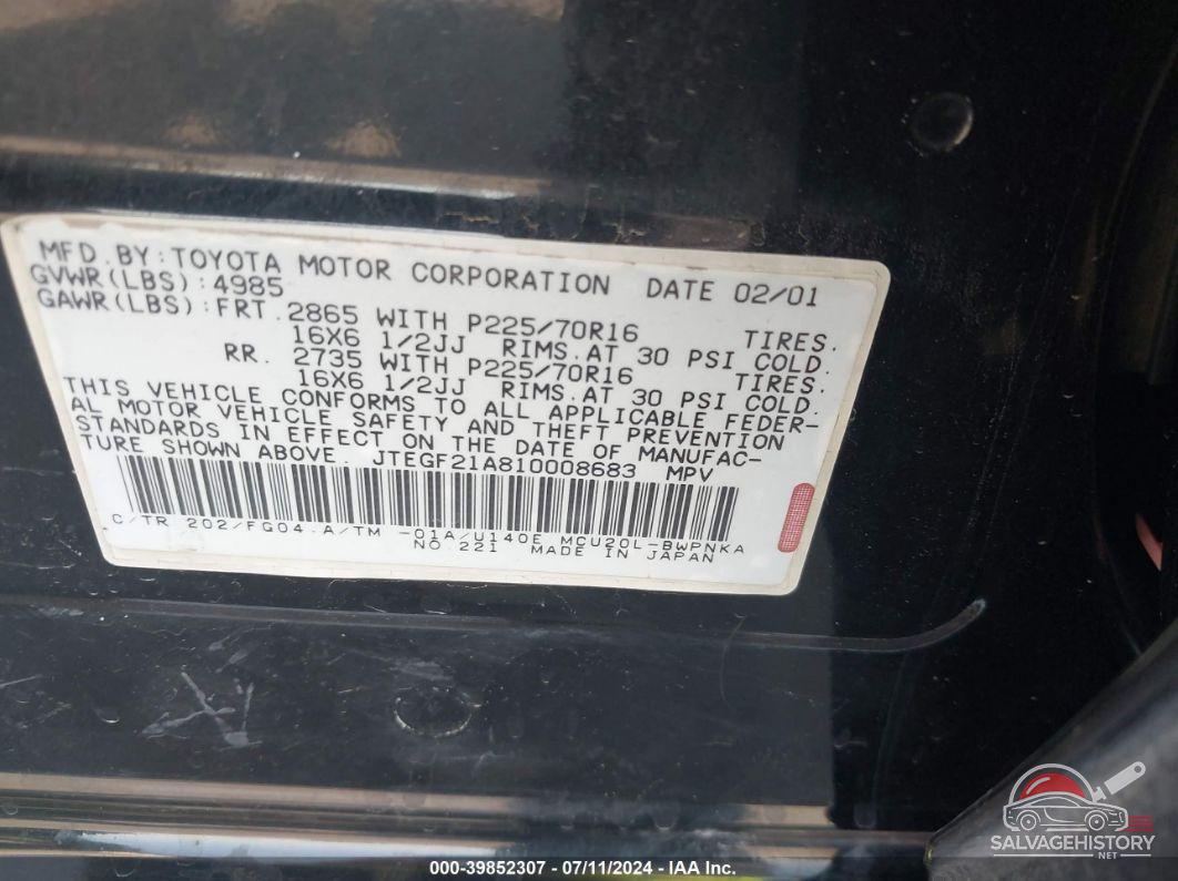 JTEGF21A810008683 2001 TOYOTA HIGHLANDER photo no. 9