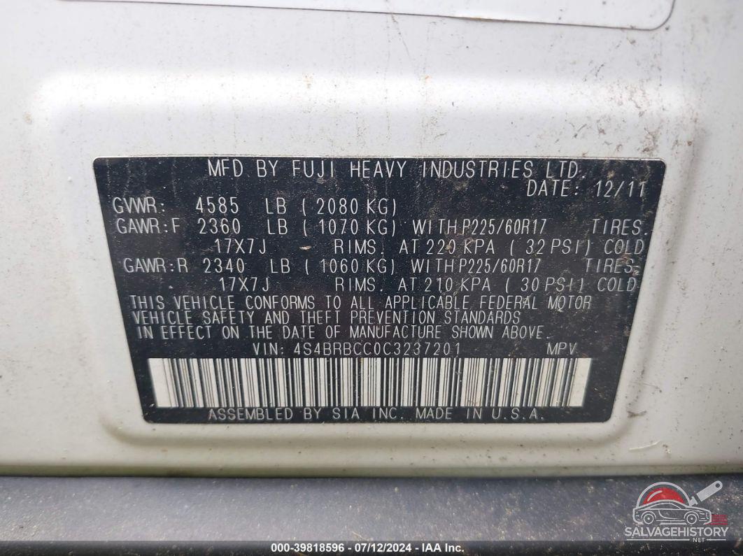 4S4BRBCC0C3237201 2012 SUBARU OUTBACK photo no. 9