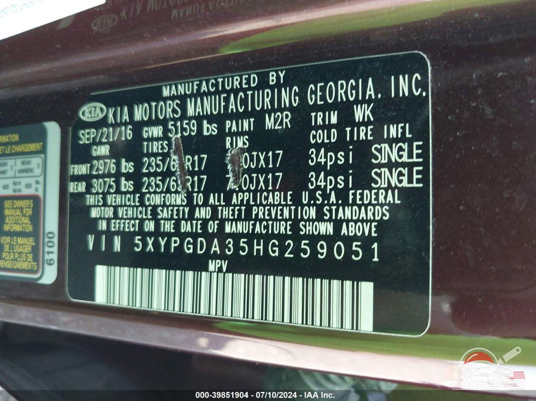 5XYPGDA35HG259051 2017 KIA SORENTO photo no. 9
