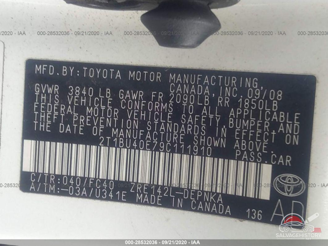 2T1BU40E79C111910 2009 TOYOTA COROLLA photo no. 9