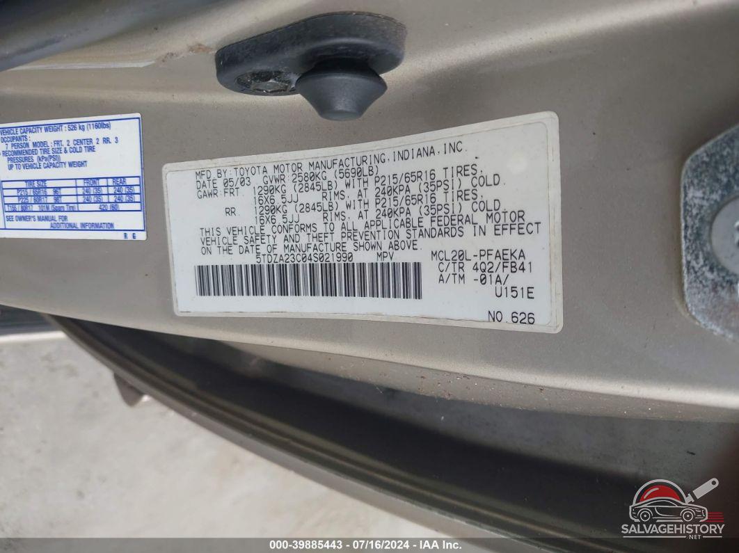 5TDZA23C04S021990 2004 TOYOTA SIENNA photo no. 9