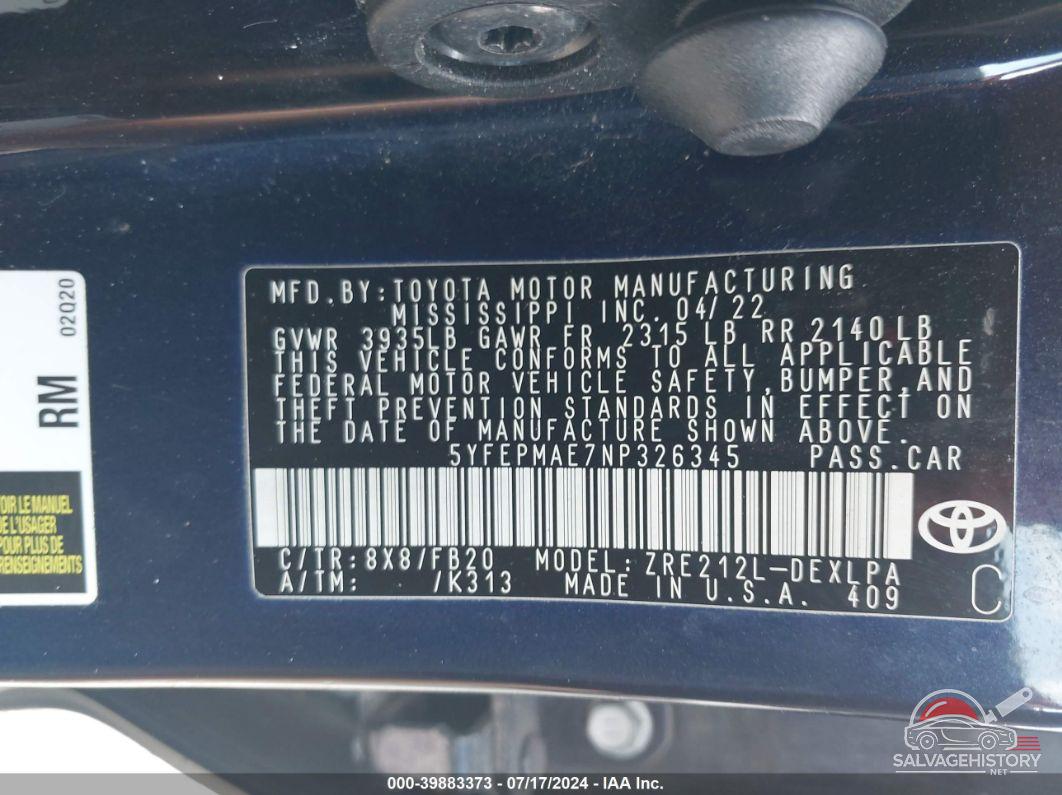 5YFEPMAE7NP326345 2022 TOYOTA COROLLA photo no. 9