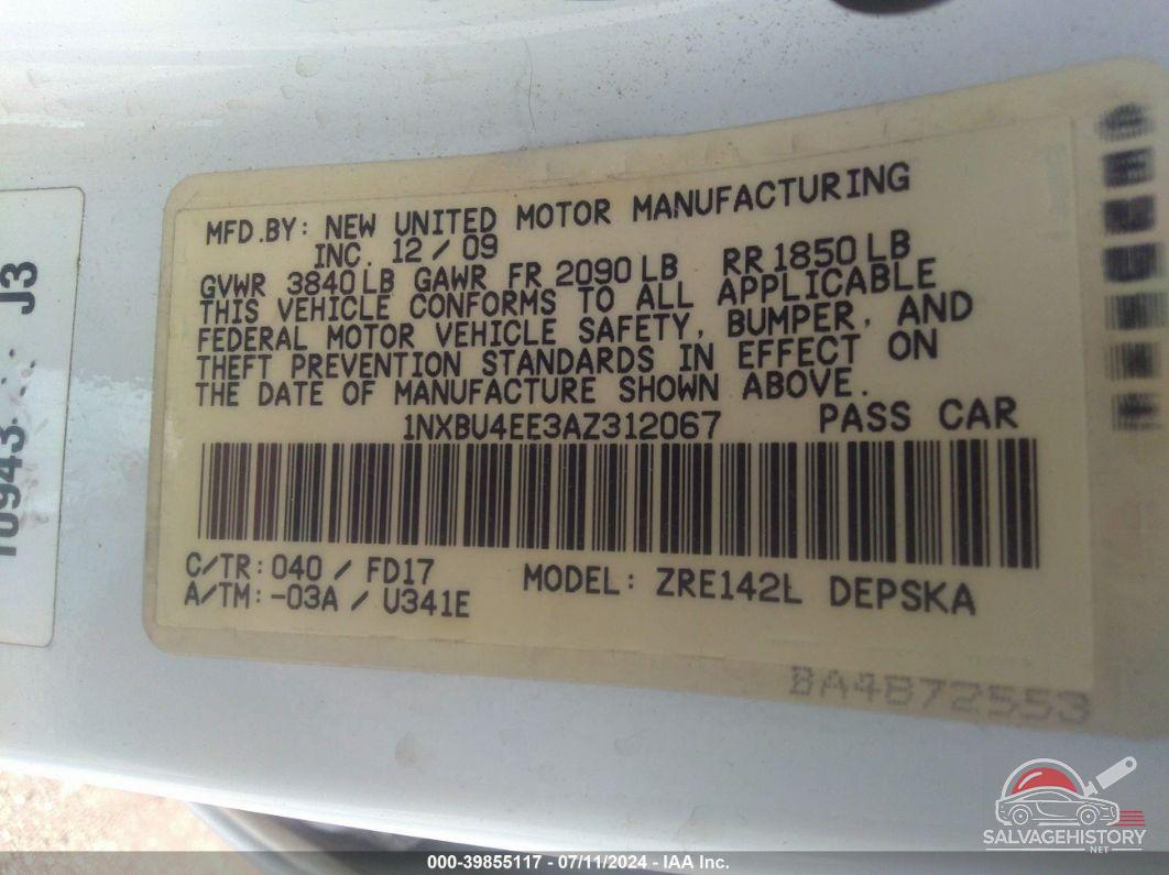 1NXBU4EE3AZ312067 2010 TOYOTA COROLLA photo no. 9