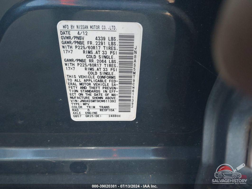 JN8AS5MT9CW611392 2012 NISSAN ROGUE photo no. 9