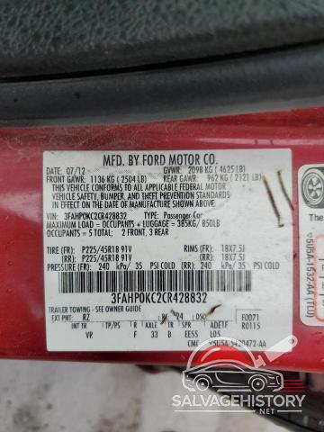 3FAHP0KC2CR428832 2012 FORD FUSION photo no. 12