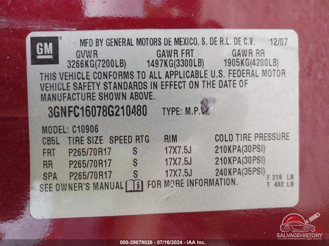 3GNFC16078G210480 2008 CHEVROLET SUBURBAN 1500 photo no. 9