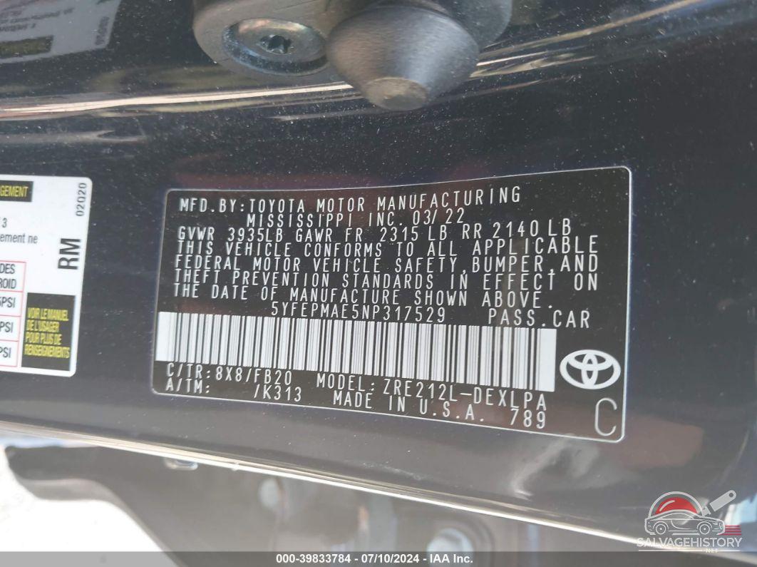 5YFEPMAE5NP317529 2022 TOYOTA COROLLA photo no. 9