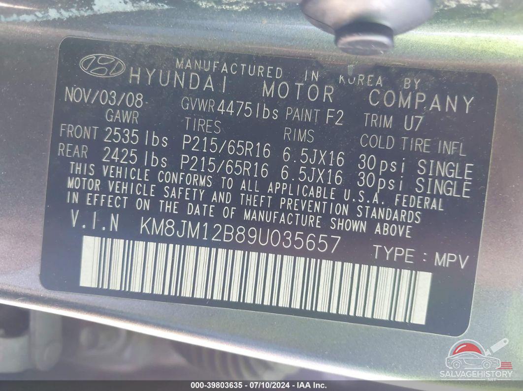 KM8JM12B89U035657 2009 HYUNDAI TUCSON photo no. 9