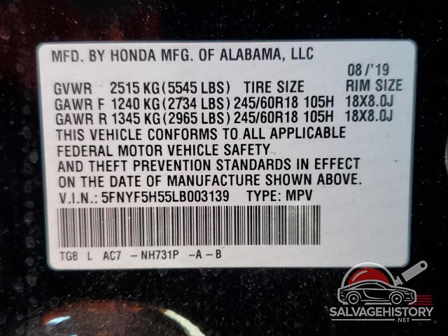 5FNYF5H55LB003139 2020 HONDA PILOT photo no. 14
