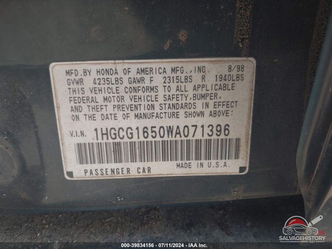 1HGCG1650WA071396 1998 HONDA ACCORD photo no. 9