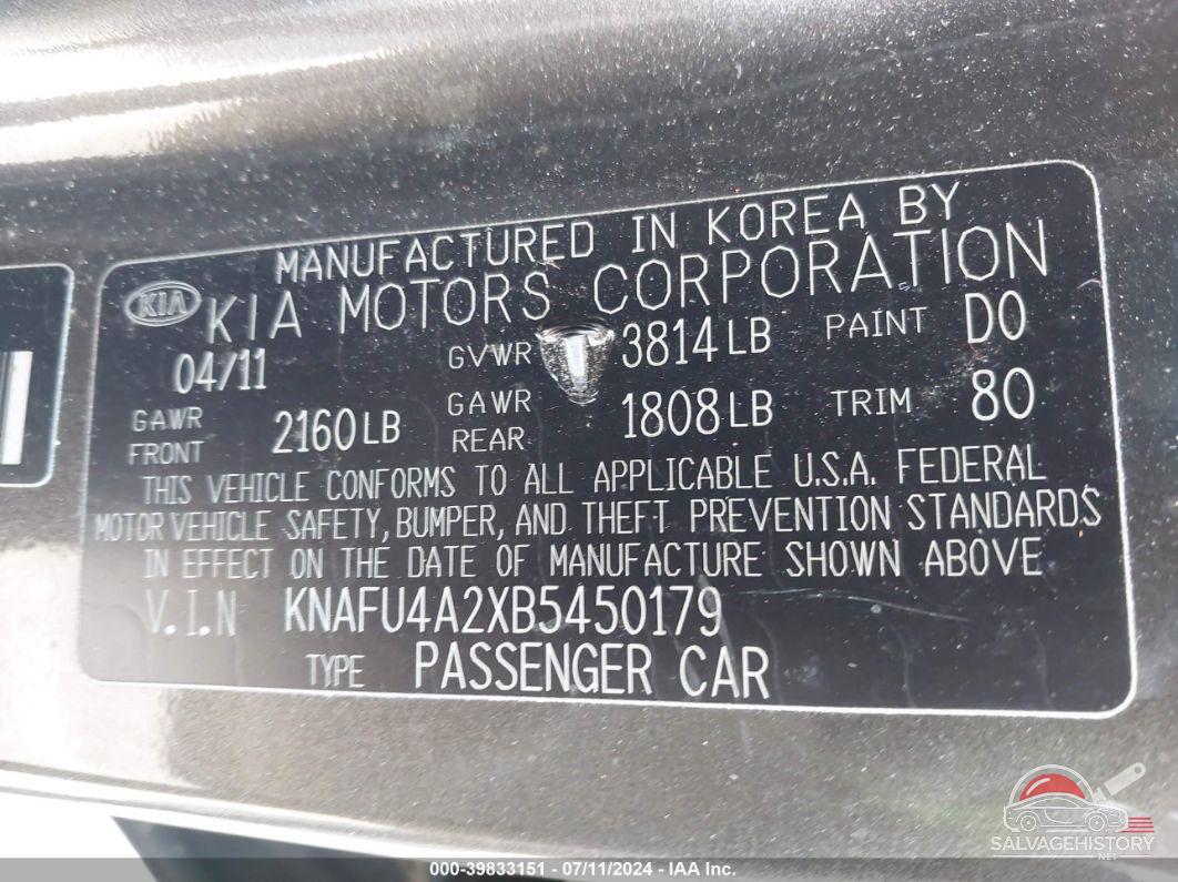 KNAFU4A2XB5450179 2011 KIA FORTE photo no. 9