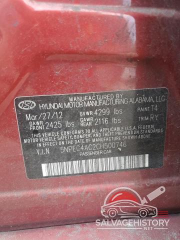 5NPEC4AC2CH500746 2012 HYUNDAI SONATA photo no. 13