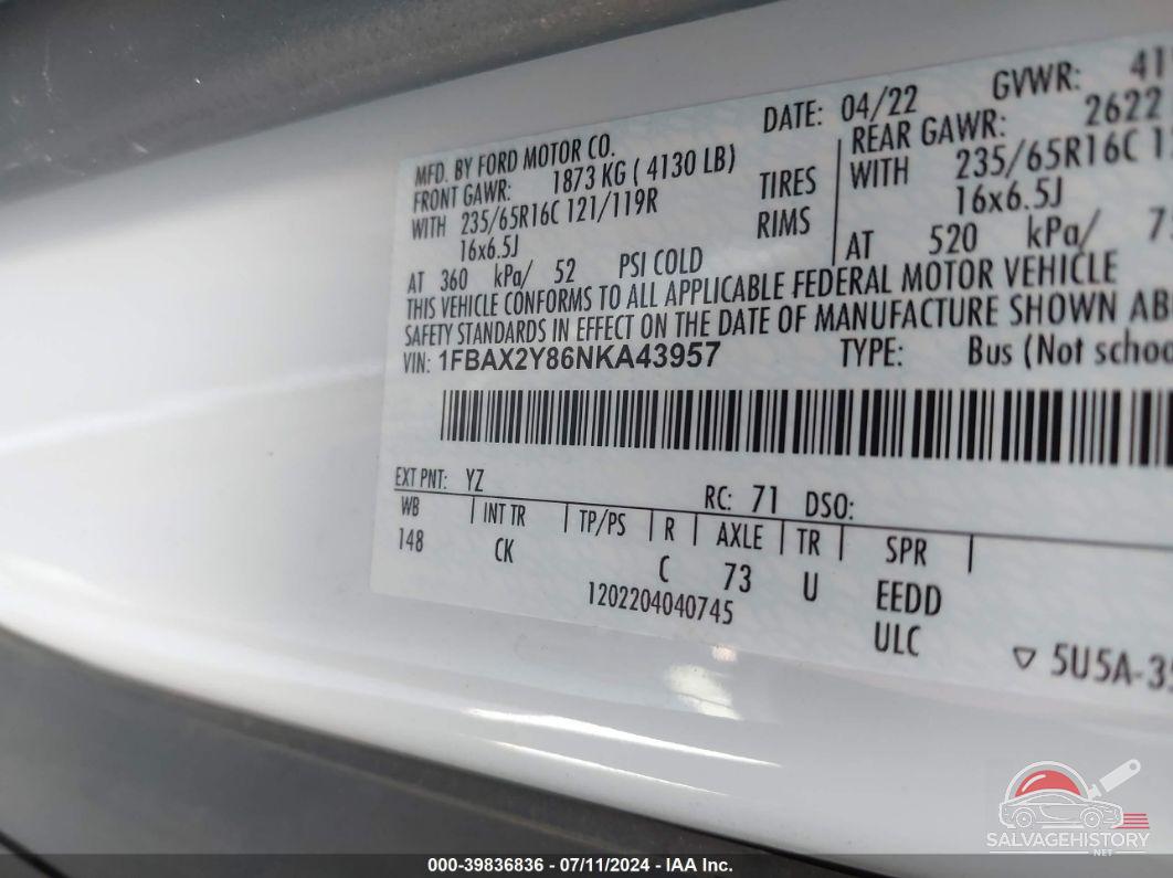 1FBAX2Y86NKA43957 2022 FORD TRANSIT-350 PASSENGER VAN photo no. 9
