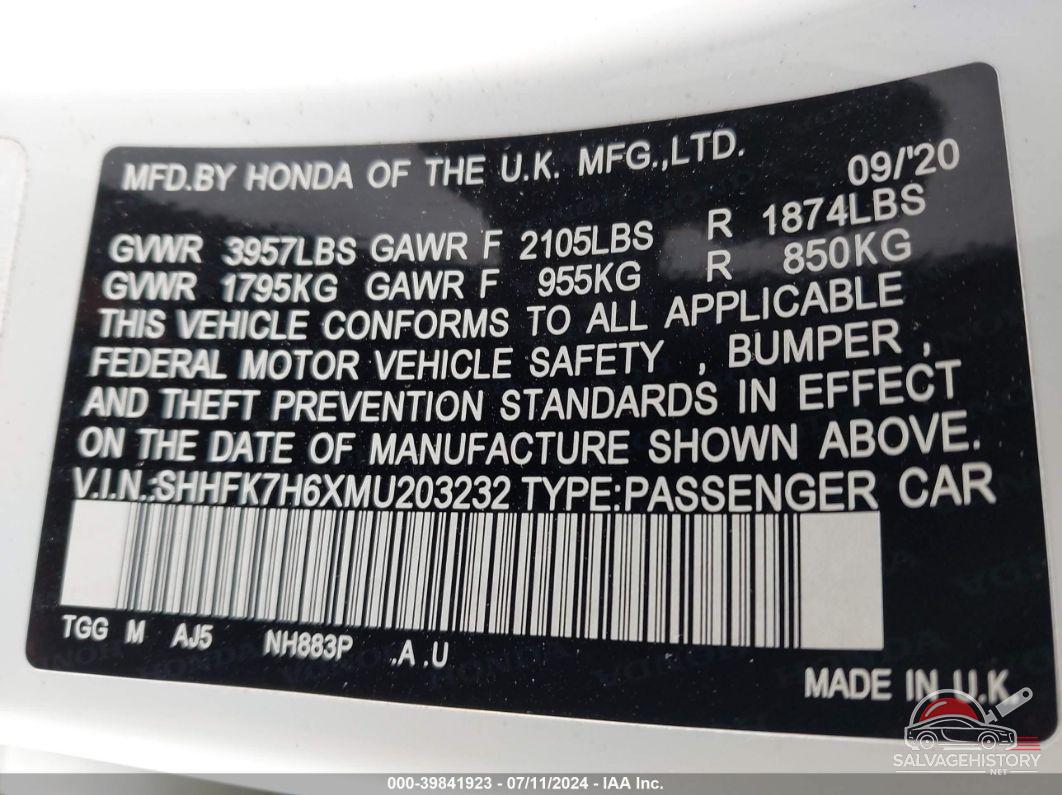 SHHFK7H6XMU203232 2021 HONDA CIVIC photo no. 9