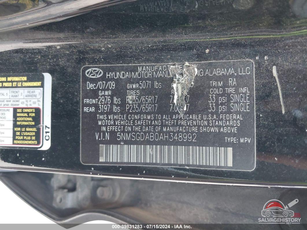5NMSGDAB0AH348992 2010 HYUNDAI SANTA FE photo no. 9