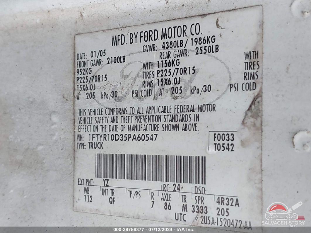 1FTYR10D35PA60547 2005 FORD RANGER photo no. 9