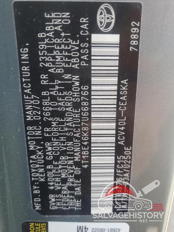 4T1BE46K87U668766 2007 TOYOTA CAMRY photo no. 12