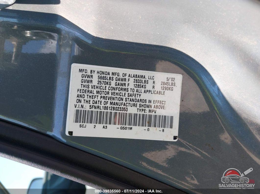 5FNRL18612B023353 2002 HONDA ODYSSEY photo no. 9