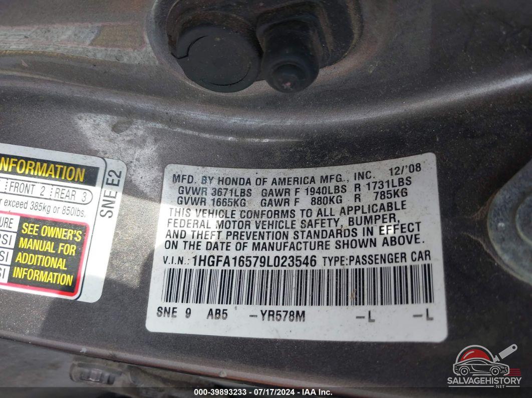 1HGFA16579L023546 2009 HONDA CIVIC photo no. 9