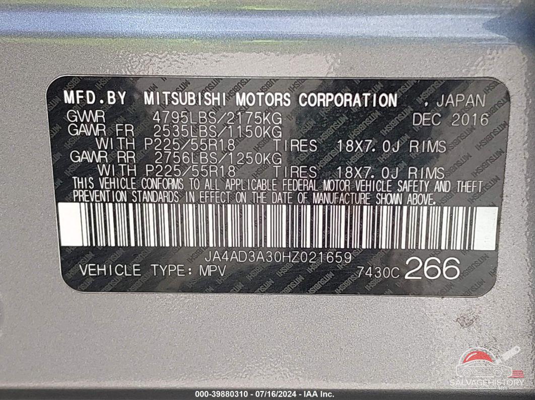 JA4AD3A30HZ021659 2017 MITSUBISHI OUTLANDER photo no. 9