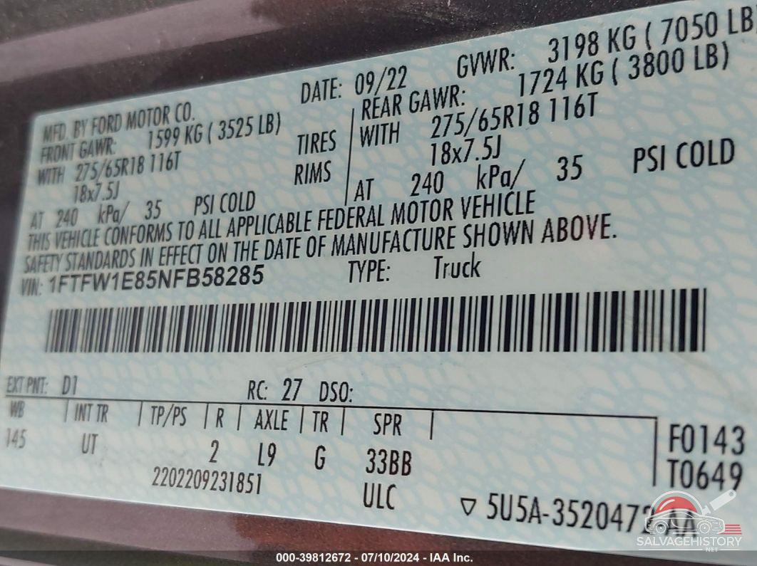 1FTFW1E85NFB58285 2022 FORD F-150 photo no. 9
