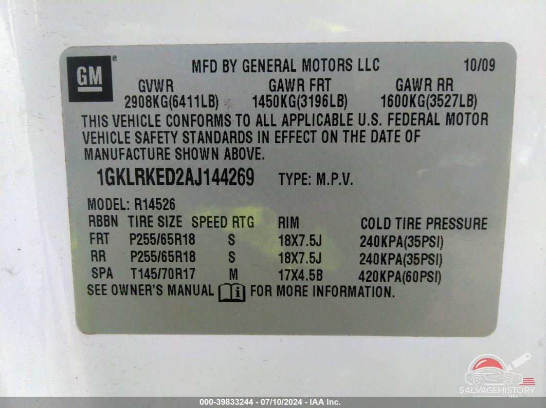 1GKLRKED2AJ144269 2010 GMC ACADIA photo no. 9