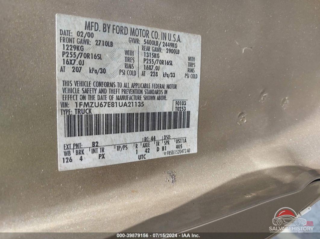 1FMZU67E81UA21135 2001 FORD EXPLORER SPORT TRAC photo no. 9