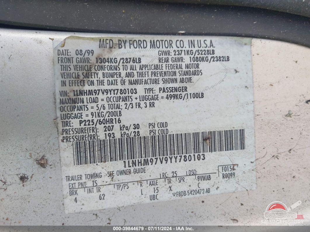 1LNHM97V9YY780103 2000 LINCOLN CONTINENTAL photo no. 9