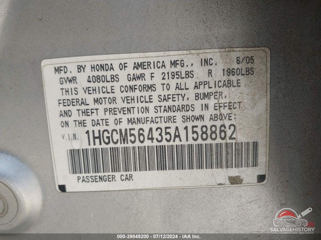 1HGCM56435A158862 2005 HONDA ACCORD photo no. 9