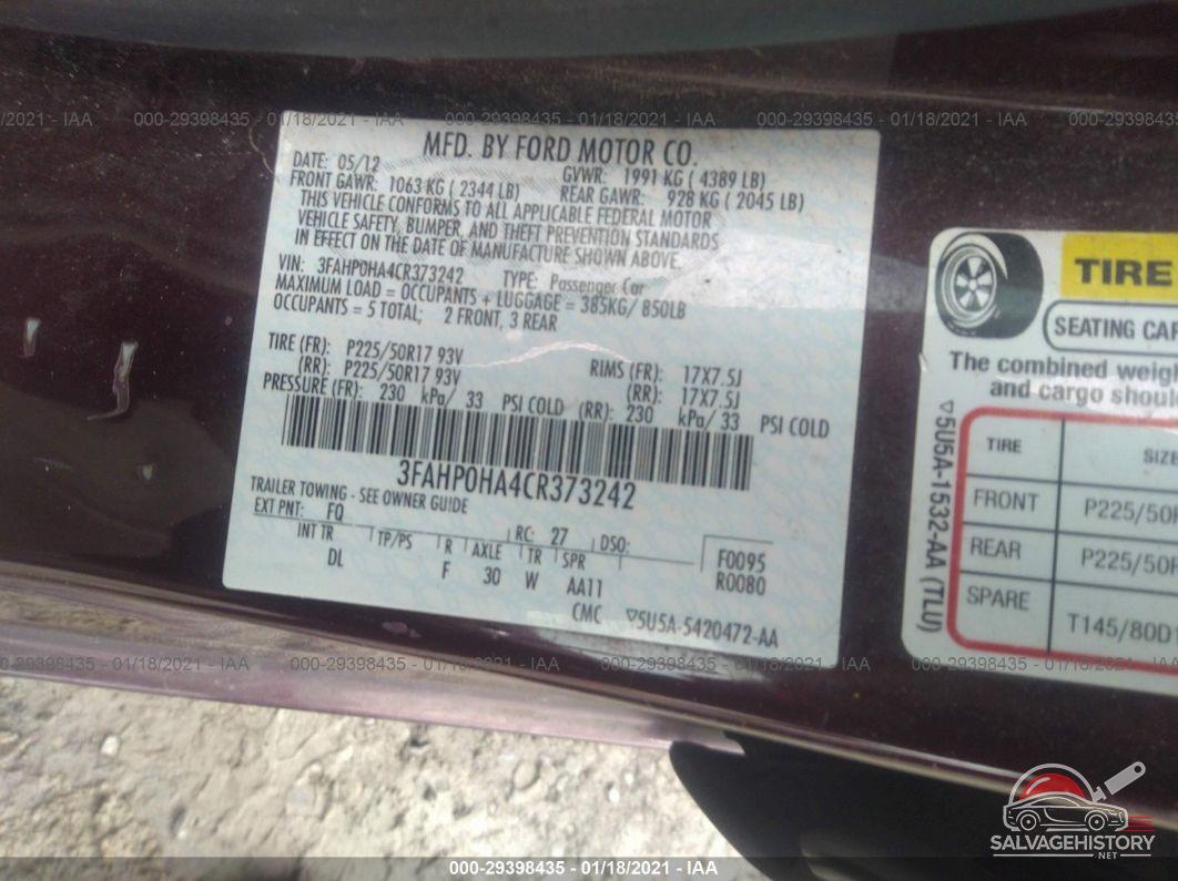 3FAHP0HA4CR373242 2012 FORD FUSION photo no. 9